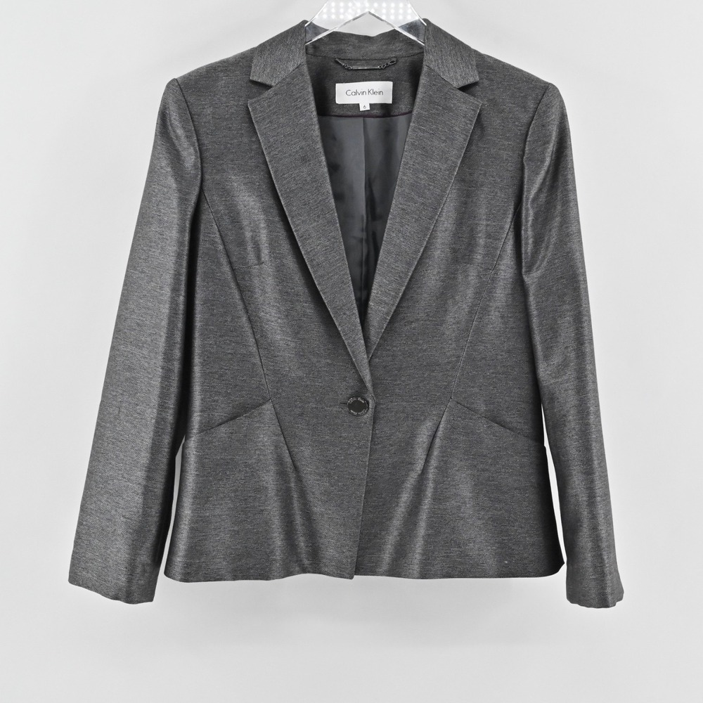Calvin Klein Metallic Blazer Womens Size 6‎ Gray Preppy Office Career Minimalist